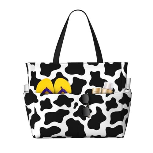 Cow Print Black White Large Beach Bag Waterproof Sandproof Swim Tote Pool Bag For Women With Zipper