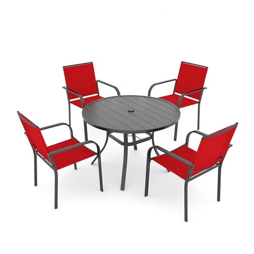 Image of Anmutig 5-Piece Outdoor Dining Set 4 Stackable Chairs & 41 inch Round Table with Umbrella Hole All Weather Furniture Set for LawnDeckBackyard - Red