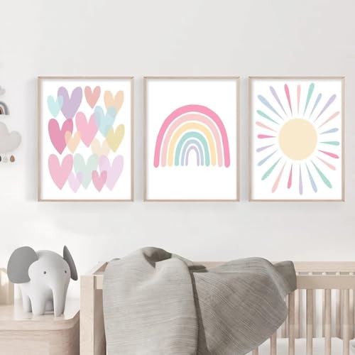Bilder Kinderzimmer Poster Regenbogen Herzen Boho Wandposter, Bilder Set Junge Mädchen Babyzimmer Kinderbilder, Wandposter Premium, Ohne Rahmen (40x50cm)