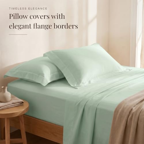 Image of Huesland 300 TC Premium 100% Pure Cotton Luxe Soft Touch Fitted Single Size Bedsheet Cotton with 2 Pillow Covers | Misty Jade | 36 x 78 Inches