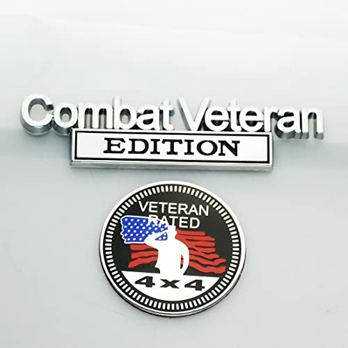 Image of Set of 2 Combat Veteran Edition & 4x4 Rated Metal Automotive Emblem 3D Decal Badge Nameplate for Universal car Truck (Chrome Black)