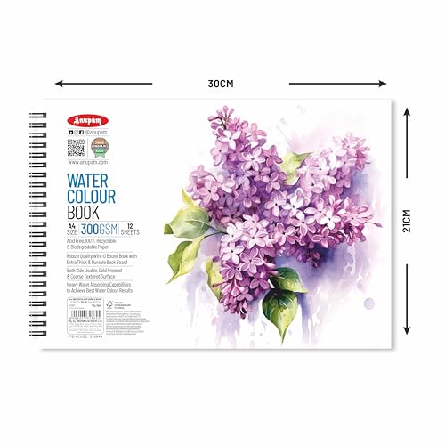 Image of Anupam Artists Watercolour Wire-O Book 300 GSM Cold Pressed A4 24 Pages for Watercolour, Gouache, Ink, Acrylic, Wet & Mixed Media, Art Painting, Drawing for Artists & Amateurs