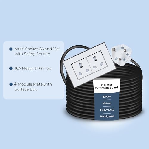 Image of Extension Board Heavy Duty Multi Socket 15A /16A /20A (2500 Watts 16A Big Plug and Two 16A Socket, 15 Meter)