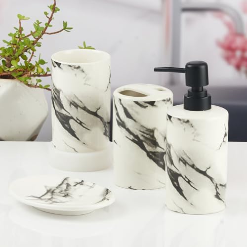 Image of SaSaSa Ceramic Bathroom Accessories Set of 4 Modern Bath Set with Soap Dispenser & Toothbrush Holder, Luxury Home & Gift Idea, White /Black (10391)