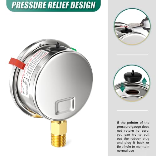Image of 0-15PSI Stainless Steel Liquid Filled Pressure Gauge, 2.5 inch Single Scale Face Dial, 1 /4 inch NPT Lower Mount, for Tube, Water Pump, Gas, Liquid, Pressure Test (with Range Mark Pointer)