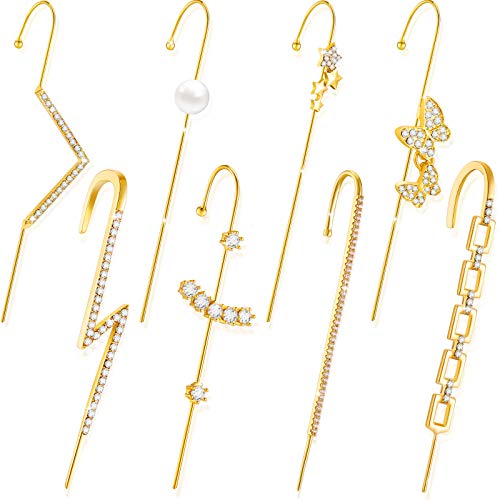 8 Pieces Ear Crawler Hook Earrings Ear Cuff Wrap Studs Alloy Rhinestone Ear Jewelry for Women Birthday Valentine's Day (Classic Style)