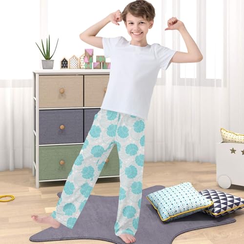 Boy's Pj Pants Blue Green Seashell White Pearl Lounge Bottoms Elastic Waist Kids Joggers with Pockets Size 6-144