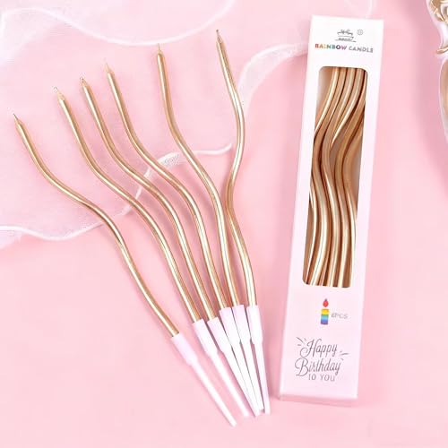 Chocisong 12 Twisty Spiral Birthday Cake Candles (Champagne) Long Birthday Cake Cupcake Candle with Holder Thin Coil Elegant Wavy Candles Birthday Wedding Anniversary Ramadan Party Decoration