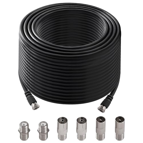 KUOQIY 15m 75 Ohm Câble Coaxial RG6, F Mâle vers F Mâle Haut Débit RG6 Câble D'antenne TV, avec 6 Pièces Coupleurs D'extension, pour décodeur, TV,...