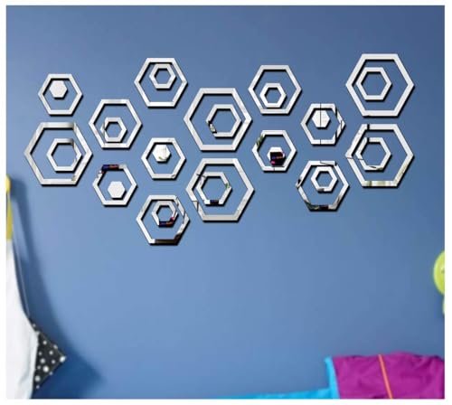 Image of Bikri Kendra - 6set Hexagon Ring Designed Silver Mirror Stickers for Wall, Acrylic Mirror Wall Decor Sticker, Acrylic Stickers, Wall Stickers for Hall Room, Bed Room, Kitchen