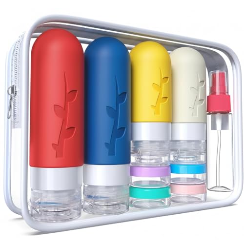 Image of DEPOZA Travel Bottles Kit (16 Pack) - TSA Approved, Leak Proof Silicone Squeezable Containers for Toiletries. Complete Set with Jars, Sprayers & Bag (Fluorescent)