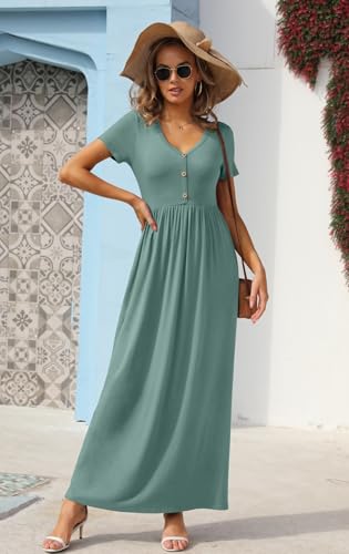 Image of GRECERELLE Womens Summer Long Maxi Dresses 2026 Short Sleeve V Neck Casual Button Dress with Pockets