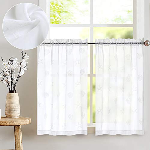 Jinchan Kitchen Curtains Tiers White Cafe Curtains 24" Long Window Drapes Sea Shells Patttern Small Sheer Curtain Panels Paisley Scroll Rod Pocket Voile Half Window Curtains For Bathroom 2 Panels #TOP8