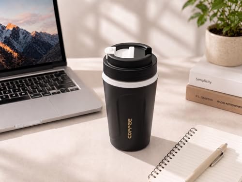 Image of Kitchivo Multipurpose Insulated Travel Mug - 350ml | Double Wall Stainless Steel Flask for Coffee, Tea & Milk | 100% Leak-Proof | Keeps Hot & Cold for Hours | Car Friendly (Matte Black)