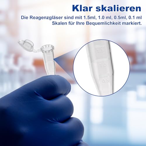 CryoKing 500 Stück Zentrifugenröhrchen 1,5ml, Reaktionsgefäße Stoffkapseln, Mikrozentrifugenröhrchen aus Kunststoff, Reaktionsgefäße, Probenröhrchen, Koks Röhrchen mit Snap Cap, Konischer Boden