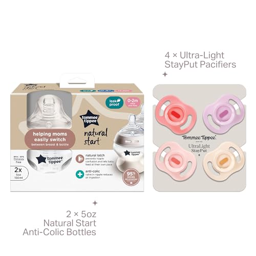 Image of Tommee Tippee Ultra-Light StayPut Pacifier, 0-6m, 4 Pack, Pink & Natural Start Anti-Colic 5 oz BPA Free Newborn Baby Bottles, Designed for Seamless Transition Between Bottle and Breast, Pack of 2