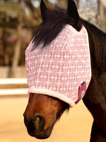 Tackmore Printed Mesh Horse Fly Mask with Fleece Padding – Breathable Anti-Rub Design, UV Protection, Adjustable Fit for Turnout & Pasture-Pink Print L