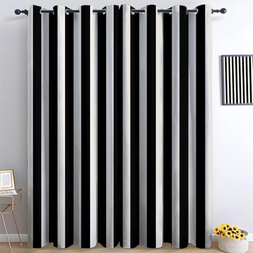Image of Blackout Curtains 46” W x 54” L Geometric Vertical Stripes Thermal Curtains, Black And White Thermal Insulated Light Blocking Grommet Top Curtain (2 Panels) for Kids Room Bedroom Living Room Drapes