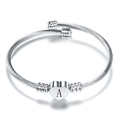 VQYSKO Silver Heart Initials Bracelet-A-Z Stainless Steel Engraved Charm Bracelet, Woman Jewelry Birthday Festival Gift