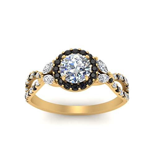 Image of Choose Your Gemstone Floral Split Shank Halo Engagement Ring Yellow Gold Plated Round Shape Split Shank Engagement Ring Lightweight Office Wear Everyday Gift Jewelry US Size 4 to 12