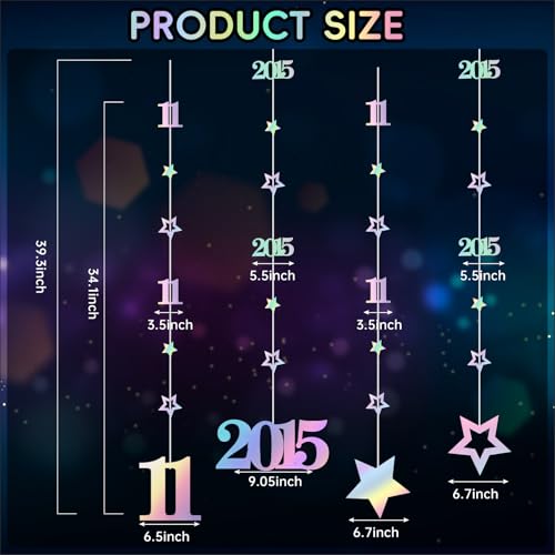 Image of Eucutur Iridescent 11th Birthday Decorations for Girls Boys, Pre-Strung Glitter Twinkle Number Vintage 2015 11 Years Old Hanging Streamer Banner Party Supplies, Eleven Birthday Gift Decor