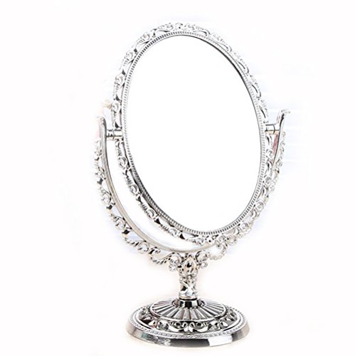 Blixy Desktop Makeup Mirror, Antique Vintage European Style Two Sided Swivel Oval Tabletop Vanity Makeup Mirror with Embossed Hollow Flower Shiny Pedestal Makeup Mirror(Silver)