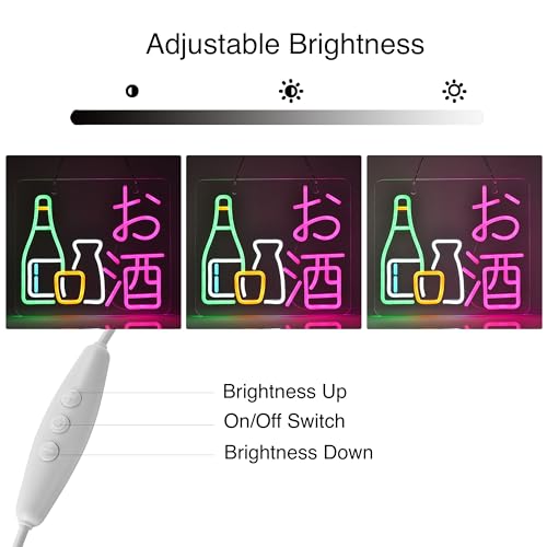 Image of Japanese Sake Neon Sign LED Neon Light for Business Wall Decor with Dimmable Switch for Wine Bar Club Party Restaurant お酒 Japanese Style USB Powered 13.8 inch x 12.6 inch