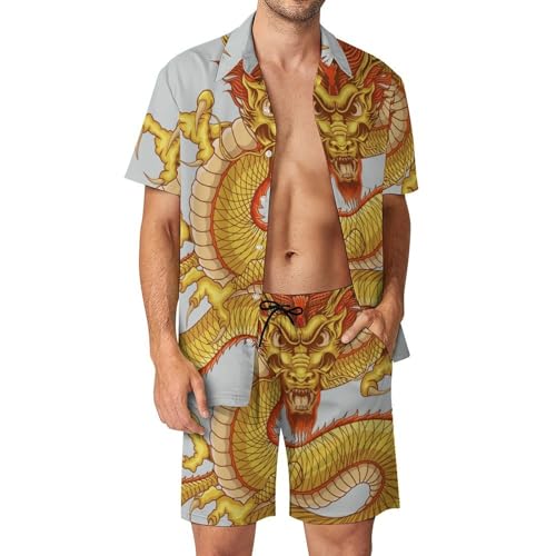 Chemise Hawaïenne Hommes Dragon Doré, ensemble premium imprimé pour resort et club de vacances