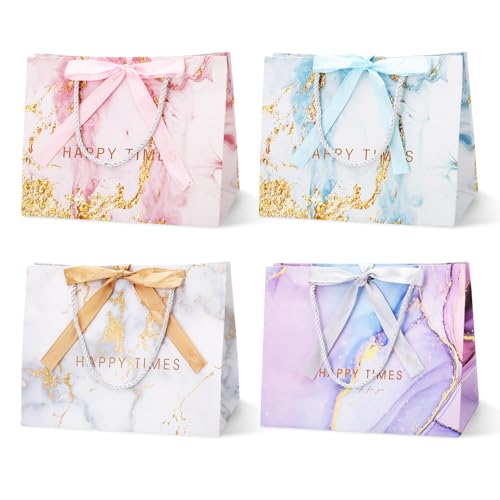 GOTFUN 4 Stück Papiertüten mit Schleifenbändern, 25x20x12cm Geschenktüten mit Henkel, Marmor Geschenktaschen Partytüten Geschenk Tüten für Hochzeit Feier Party Weihnachten Geburtstag