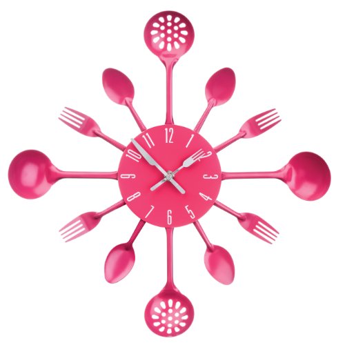Premier Housewares Hot Pink Kitchen Themed Wall Clock - Metal, Frameless, Modern Design for Living Room - 33x33x5