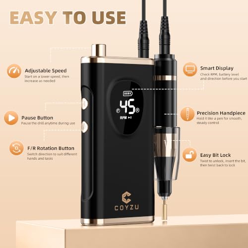 COYZU Professional Electric Nail Drill Rechargeable Nail File | for Acrylic & Gel, High Speed 45000RPM, Cordless, Portable Gel Polish Removal E file, Beginner Friendly, for Beauty Lovers - image 9