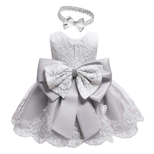 Formal Tutu Bowknot Princess Wedding Baby Clothes Lace Dress+Headband Girls Set Baby Holiday (Grey, 18-24 Months)3