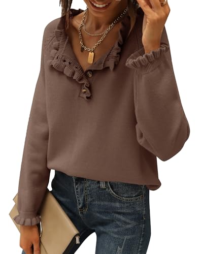 BTFBM Womens Sweaters Fall Winter Clothes 2025 Long Sleeve Button Down Ruffle Crew Neck Casual Knitted Pullover Tops