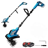 Akku-Bodenhacke und Kultivator, 21V Akku-Motorhacke,Zwei Rollen 4 Messer 20cm Arbeitsbreite,Verstellbarer Teleskopgriff,Ideal zum Auflockern und Bearbeiten von Gartenboden