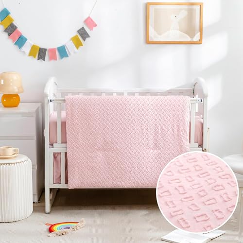 Image of Cokouchyi 3 Piece Bedding Set for Boy Girls, Jacquard Tufted Geometric Crib Set, Includes Crib Skirt, Blanket and Sheet, Baby Bedding, Pink