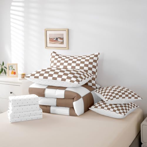 Image of Erosebridal Geometric Checkered Twin Bed in A Bag 7 Piece White Khaki Checkerboard Grid Bedding Set,Buffalo Plaid Gingham Comforter Set with Sheet for Kids Adults Men Geometrical Bed Set