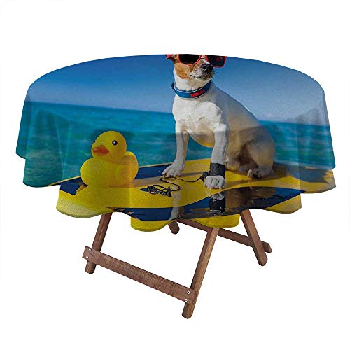 round outdoor tablecloth Rubber Duck round coffee table clothes Dog with Sunglasses and Rubber Duck on Surfboard at Ocean Shore Fun Summer kids picnic table camping birthday party supplies Multicolor