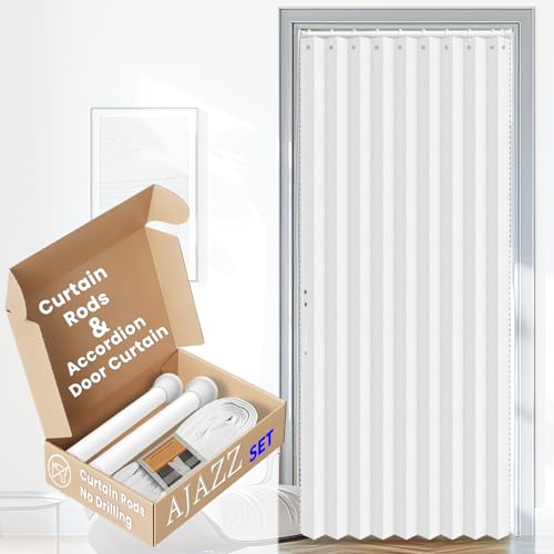 Image of AJAZZ Blackout Magnetic Door Curtain with Curtain Rods Adjustable 28-39 inch Long Patio Door for Bedroom Living Room Accordion Doorway Curtain Sets (1 Pack, 43 W x 78 L, White)
