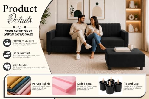 Image of Modern 3-Seater Velvet Sofa with Ottoman | Vertical Channel Tufted Backrest | Plush Cushioned Seating | Stylish Contemporary Sofa for Living Room, Bedroom & Office | Black