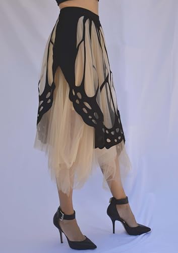 Women's Monarch Butterfly Skirt_Black and Nude Tulle,Whimsical Luxury Midi Skirt for Special Occasions4