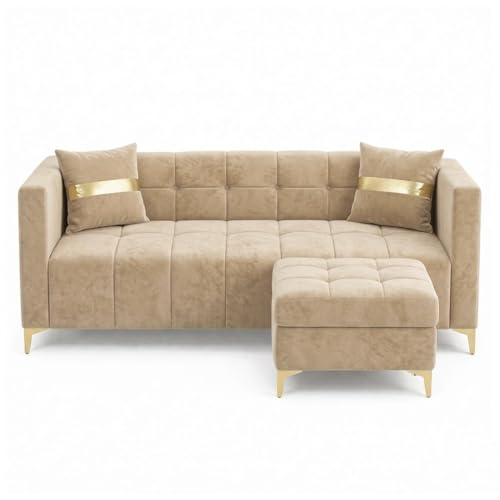 Image of FURNY Styliving 4 Seater L Shape Sofa Set with Movable Ottoman & Golden Legs | Flexible Left or Right Layout | Plush Velvet Fabric (Beige) | Perfect for Living Room, Guest Room & Office