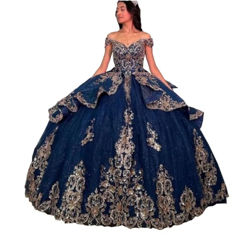 Glittery Tulle Gold Floral Appliques Cinderella Quinceanera Dresses Blue Off The Shoulder Sweet 16 Dress Prom 2025