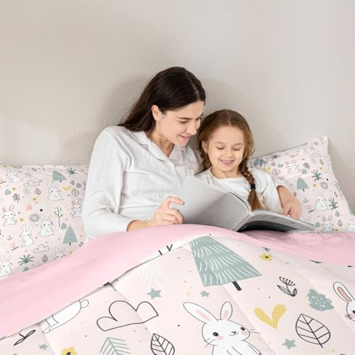 Image of Feelyou Cute Rabbit Comforter, Cartoon Bunny Comforter Set Toddler Size Kawaii Animal Comforter Set Toddler Size for Kids Boys Girls Botanical Plant Duvet Set Microfiber Quilt Set