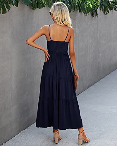 Image of Dokuritu Women's Beach Crochet Lace Maxi Dress Solid Color Summer Vacation Wedding Guest Spaghetti Strap Long Dress