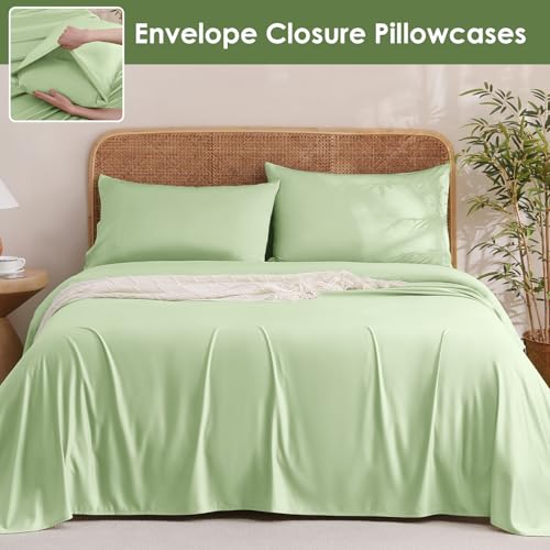 Image of MICORAL Queen Sheet Set, Rayon Derived from Bamboo Cooling Sheets for Queen Size Bed Set, Breathable & Soft, Deep Pocket Up to 16 inch, Hotel Luxury Silky Bedding for Hot Sleepers, Sage Green