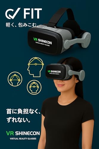 VR SHINECON VRゴーグル スマホ用 ヘッドホン一体型 軽量設計 4.5〜6.5インチ対応 没入型映像視聴に最適 DMM・360度・YouTube動画対応 瞳孔間距離&焦点調整可能 近視対応 日本語説明書付き iPhone/Android対応 G07E の商品画像 2