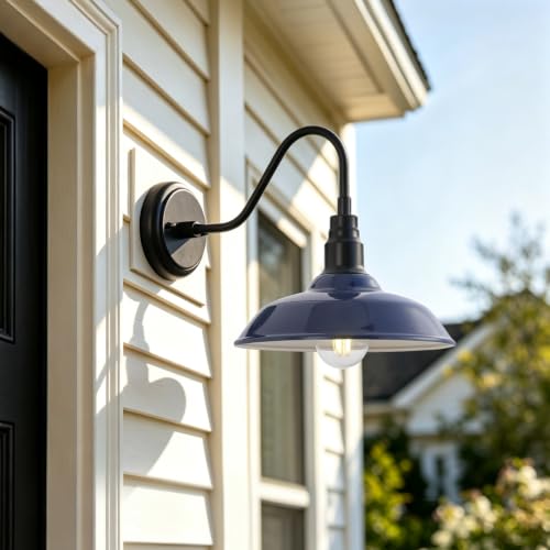 Image of 10in Outdoor Barn Light Gooseneck Outdoor Light Fixture, Midnight Blue Exterior Farmhouse Lights, Goose Neck Porch Wall Lighting Sconce for House, Garage, Doorway