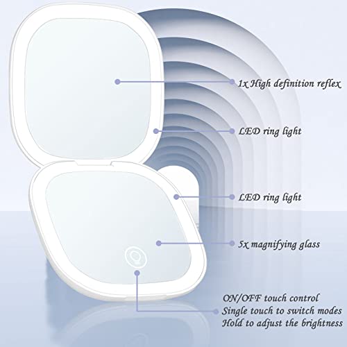 Yuearn Compact Mirror With Light, 2-Sided Lighted Compact Travel Makeup Mirror With 5X Magnification & Dimmable Brightness, 3 Lighting Modes Pocket Mirror With Type-C Rechargeable (5X White) #TOP1