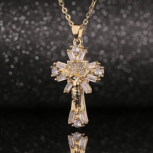 Colar com Crucifixo Feminino Cravejado Jesus Cristo - Paz e Proteção Espiritual + Bolsa de veludo