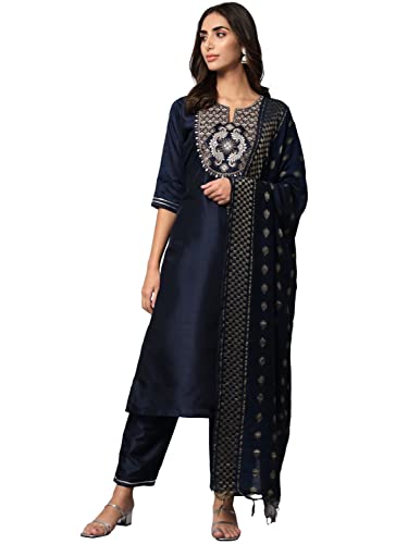 Image of VredeVogel Women's Cotton Silk Blend Embroidered Viscose Print Kurta Pant With Dupatta Set